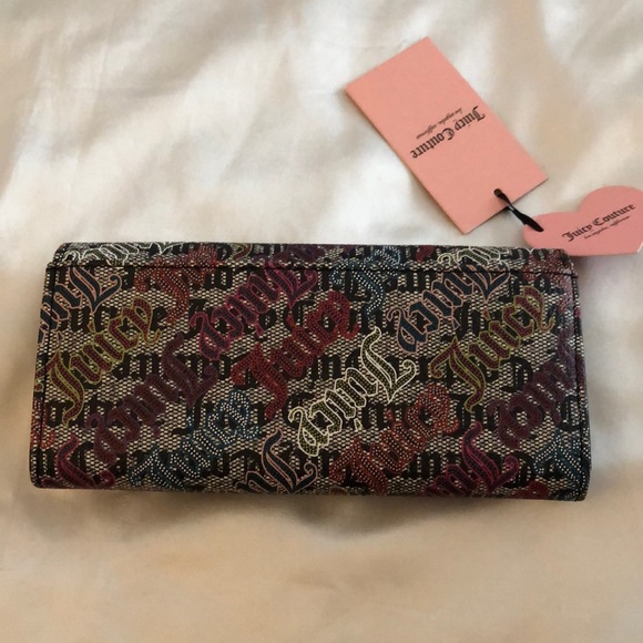 Juicy Couture Black Beige Multi Faux Leather Glam Elongated Flap Wallet NWT - Picture 8 of 13